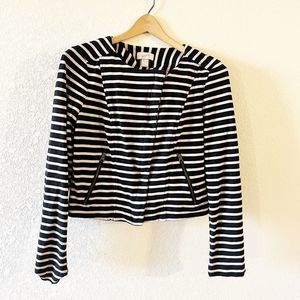 LOFT Womens S Moto Jacket Black Stripe Asymmetrical Full Zip 100% Cotton